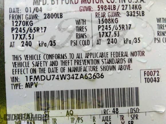 2004 Ford Explorer Eddie Bauer с VIN 1FMDU74W34ZA63636, выставлен на аукционе IAAI как лот 41389241 с пробегом 185 487 миль миль и . История ставок и продаж доступна на DreamBid. Изображение 9.