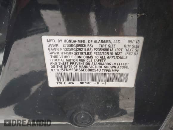 2014 Honda Pilot EX-L with VIN 5FNYF3H66EB002243, listed as a IAAI auction lot 42748261 with Not provided miles and . Bid and sale history available at DreamBid. Image 9.