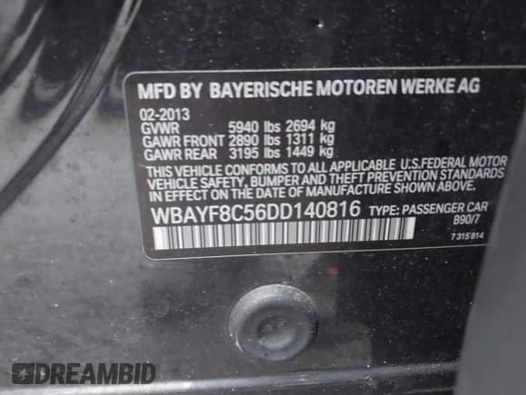 2013 BMW 7 Series 750Li xDrive with VIN WBAYF8C56DD140816, listed as a IAAI auction lot 41709920 with 157,842 mi miles and . Bid and sale history available at DreamBid. Image 9.