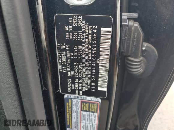 2022 Kia Sorento S with VIN 5XYRL4LC5NG155642, listed as a Copart auction lot 85472265 with 20,462 mi miles and Salvage title. Bid and sale history available at DreamBid. Image 14.