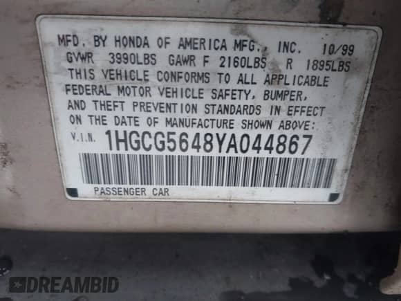 2000 Honda Accord LX с VIN 1HGCG5648YA044867, выставлен на аукционе IAAI как лот 43519453 с пробегом 193 777 миль миль и . История ставок и продаж доступна на DreamBid. Изображение 9.