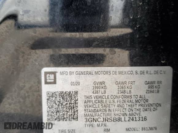 2020 Chevrolet Trax Premier with VIN 3GNCJRSB8LL241316, listed as a Copart auction lot 65543725 with 64,790 mi miles and Salvage title. Bid and sale history available at DreamBid. Image 13.