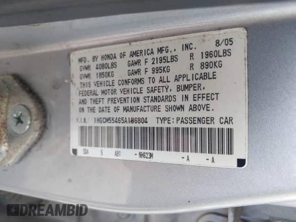 2005 Honda Accord LX с VIN 1HGCM55465A186804, выставлен на аукционе IAAI как лот 42663652 с пробегом 197 179 миль миль и . История ставок и продаж доступна на DreamBid. Изображение 9.