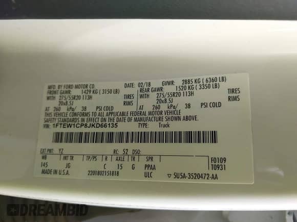 2018 Ford F-150 XL with VIN 1FTEW1CP8JKD66135, listed as a IAAI auction lot 42573829 with 223,821 mi miles and . Bid and sale history available at DreamBid. Image 9.