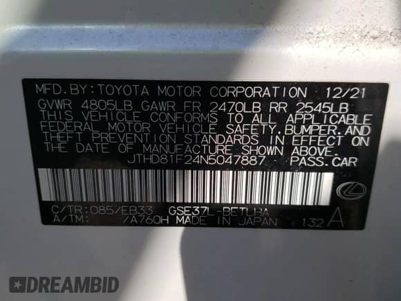 2022 Lexus IS 300 z VIN JTHD81F24N5047887, wystawiony jako Copart lot #43578093 z przebiegiem 4 277 mil mil oraz . Historia ofert i sprzedaży dostępna na DreamBid. Obrazek 14.