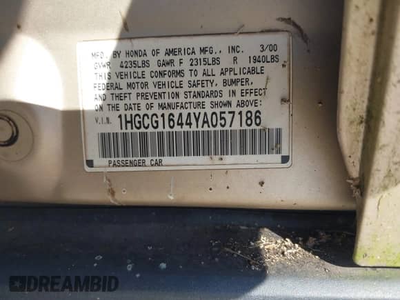 2000 Honda Accord LX с VIN 1HGCG1644YA057186, выставлен на аукционе IAAI как лот 41780299 с пробегом 153 612 миль миль и . История ставок и продаж доступна на DreamBid. Изображение 9.