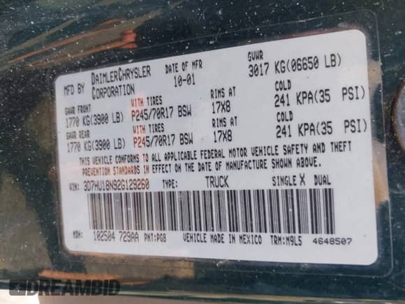 2002 Dodge 1500 z VIN 3D7HU18N92G129260, wystawiony jako IAAI lot #42373899 z przebiegiem 143 976 mil mil oraz . Historia ofert i sprzedaży dostępna na DreamBid. Obrazek 9.