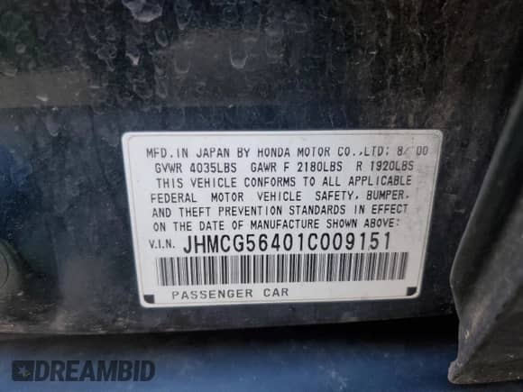 2001 Honda Accord LX с VIN JHMCG56401C009151, выставлен на аукционе Copart как лот 70842525 с пробегом 146 018 миль миль и Списание • Salvage title. История ставок и продаж доступна на DreamBid. Изображение 12.