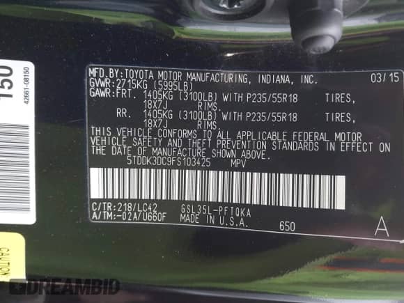 2015 Toyota Sienna Limited with VIN 5TDDK3DC9FS103425, listed as a IAAI auction lot 42129637 with 88,830 mi miles and . Bid and sale history available at DreamBid. Image 9.