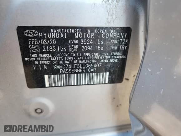 2020 Hyundai Elantra SE с VIN KMHD74LF3LU069407, выставлен на аукционе Copart как лот 71391815 с пробегом 56 727 миль миль и Списание • Salvage title. История ставок и продаж доступна на DreamBid. Изображение 13.