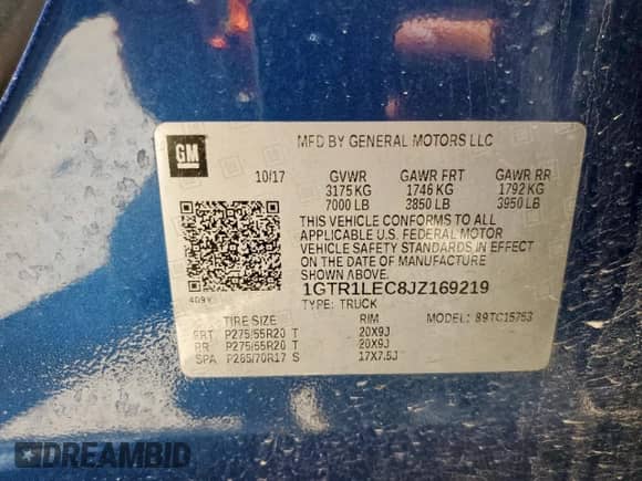 2018 GMC Sierra 1500 z VIN 1GTR1LEC8JZ169219, wystawiony jako Copart lot #63838975 z przebiegiem 91 685 mil mil oraz Szkoda całkowita • Salvage title. Historia ofert i sprzedaży dostępna na DreamBid. Obrazek 12.