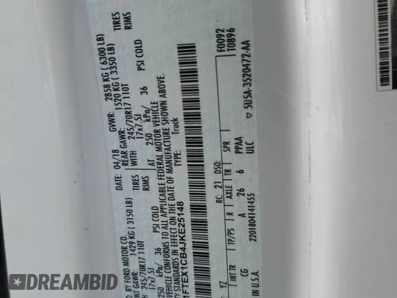 2018 Ford F-150 XL with VIN 1FTEX1CB4JKE25148, listed as a Copart auction lot 84294405 with 72,606 mi miles and Salvage title. Bid and sale history available at DreamBid. Image 12.