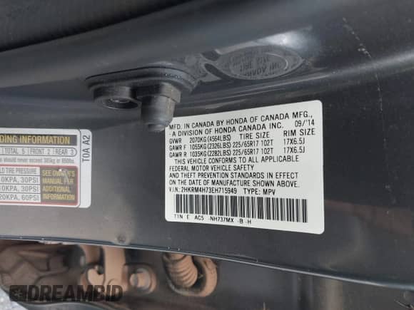 2014 Honda CR-V EX-L with VIN 2HKRM4H73EH715949, listed as a IAAI auction lot 42757391 with 118,433 mi miles and . Bid and sale history available at DreamBid. Image 9.