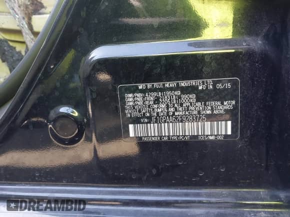 2015 Subaru Impreza 2.0i with VIN JF1GPAA62F9283725, listed as a IAAI auction lot 41219196 with Not provided miles and . Bid and sale history available at DreamBid. Image 9.