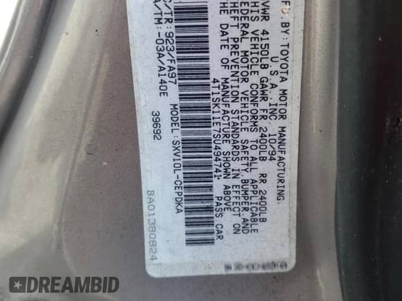 1995 Toyota Camry DX z VIN 4T1SK11E7SU494741, wystawiony jako Copart lot #59301035 z przebiegiem 180 794 mil mil oraz Szkoda całkowita • Salvage title. Historia ofert i sprzedaży dostępna na DreamBid. Obrazek 13.