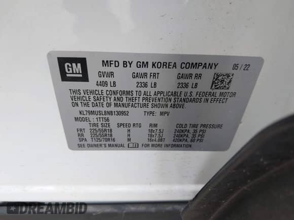 2022 Chevrolet TrailBlazer RS z VIN KL79MUSL8NB130952, wystawiony jako IAAI lot #42264409 z przebiegiem 24 201 mil mil oraz . Historia ofert i sprzedaży dostępna na DreamBid. Obrazek 9.