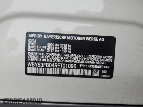2024 BMW i4 xDrive40 с VIN WBY83FB04RFT01096, выставлен на аукционе Copart как лот 61055045 с пробегом 1 370 миль миль и Списание • Salvage title. История ставок и продаж доступна на DreamBid. Изображение 12.