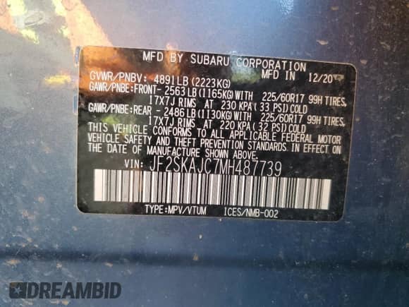 2021 Subaru Forester Premium with VIN JF2SKAJC7MH487739, listed as a Copart auction lot 61680075 with 41,615 mi miles and Non repairable. Bid and sale history available at DreamBid. Image 14.