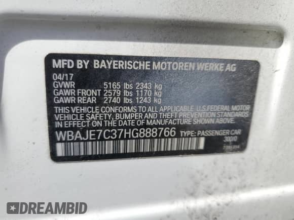 2017 BMW 5 Series 540i xDrive с VIN WBAJE7C37HG888766, выставлен на аукционе Copart как лот 54539155 с пробегом 144 114 миль миль и Списание • Salvage title. История ставок и продаж доступна на DreamBid. Изображение 13.