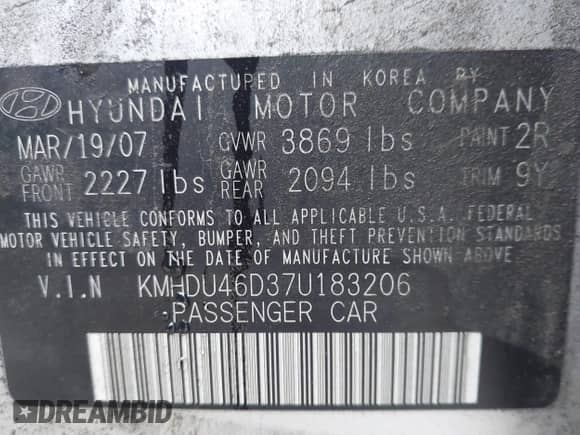 2007 Hyundai Elantra GLS with VIN KMHDU46D37U183206, listed as a IAAI auction lot 43573710 with 225,915 mi miles and . Bid and sale history available at DreamBid. Image 9.