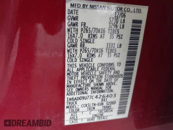 2007 Nissan Frontier SE с VIN 1N6AD09U77C426403, выставлен на аукционе IAAI как лот 41906916 с пробегом 176 288 миль миль и . История ставок и продаж доступна на DreamBid. Изображение 9.