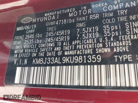 2019 Hyundai Tucson SEL with VIN KM8J33AL9KU981359, listed as a IAAI auction lot 41051797 with 99,147 mi miles and . Bid and sale history available at DreamBid. Image 9.