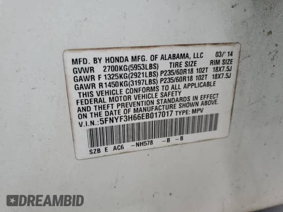 2014 Honda Pilot EX-L with VIN 5FNYF3H66EB017017, listed as a Copart auction lot 58619125 with 155,686 mi miles and Clean title. Bid and sale history available at DreamBid. Image 13.