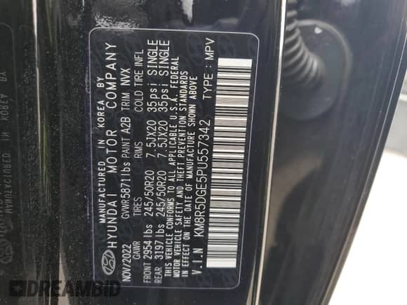 2023 Hyundai Palisade Limited with VIN KM8R5DGE5PU557342, listed as a Copart auction lot 85943735 with 42,416 mi miles and Salvage title. Bid and sale history available at DreamBid. Image 14.