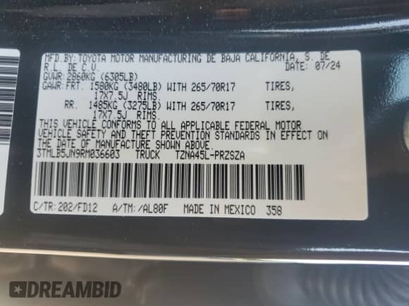 2024 Toyota Tacoma SR5 with VIN 3TMLB5JN9RM036603, listed as a Copart auction lot 80685075 with 4,301 mi miles and Salvage title. Bid and sale history available at DreamBid. Image 12.