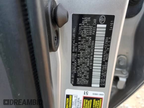 2019 Toyota Camry LE с VIN 4T1B11HK1KU820984, выставлен на аукционе Copart как лот 71323335 с пробегом 93 055 миль миль и Списание • Salvage title. История ставок и продаж доступна на DreamBid. Изображение 12.