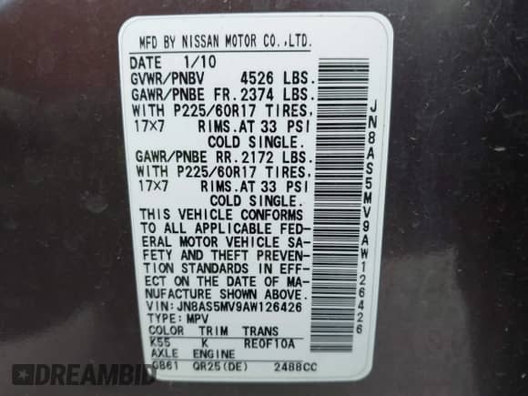 2010 Nissan Rogue S with VIN JN8AS5MV9AW126426, listed as a IAAI auction lot 42691348 with 145,567 mi miles and . Bid and sale history available at DreamBid. Image 9.