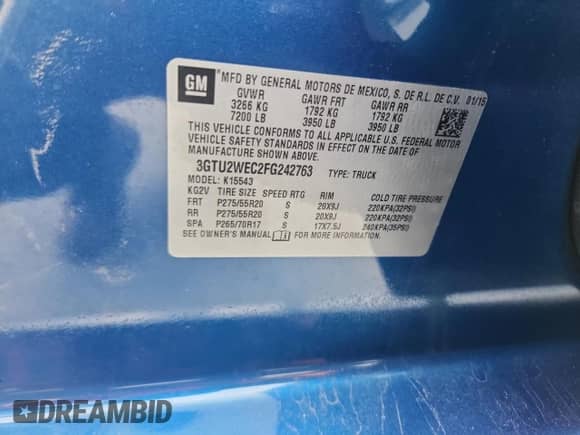 2015 GMC Sierra 1500 Denali with VIN 3GTU2WEC2FG242763, listed as a Copart auction lot 84776825 with 118,062 mi miles and Salvage title. Bid and sale history available at DreamBid. Image 12.