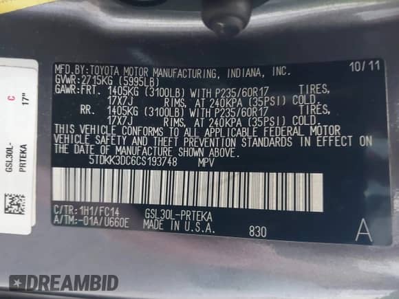 2012 Toyota Sienna LE AAS with VIN 5TDKK3DC6CS193748, listed as a IAAI auction lot 43190621 with 197,152 mi miles and . Bid and sale history available at DreamBid. Image 9.