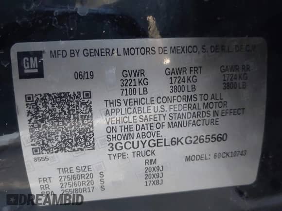 2019 Chevrolet Silverado 1500 LTZ with VIN 3GCUYGEL6KG265560, listed as a IAAI auction lot 41473208 with Not provided miles and . Bid and sale history available at DreamBid. Image 9.
