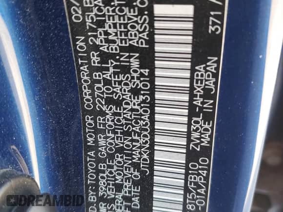 2010 Toyota Prius III with VIN JTDKN3DU3A0131014, listed as a Copart auction lot 82065475 with 114,505 mi miles and Salvage title. Bid and sale history available at DreamBid. Image 12.