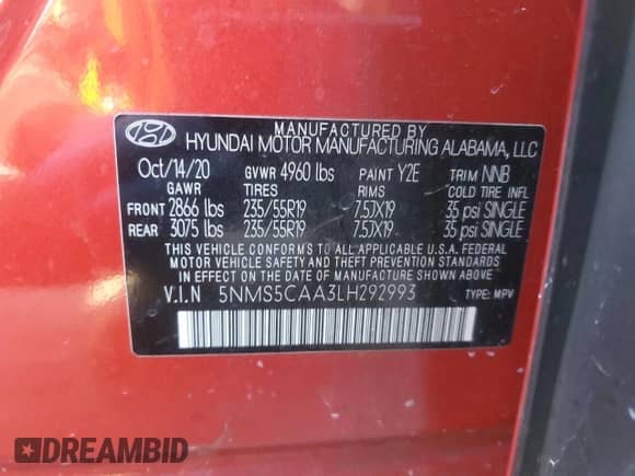 2020 Hyundai Santa Fe Limited с VIN 5NMS5CAA3LH292993, выставлен на аукционе Copart как лот 81676825 с пробегом 51 142 миль миль и Списание • Salvage title. История ставок и продаж доступна на DreamBid. Изображение 13.