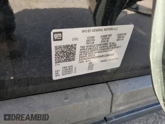 2022 Chevrolet Tahoe Z71 с VIN 1GNSKPKD0NR106650, выставлен на аукционе Copart как лот 85734175 с пробегом 33 524 миль миль и Списание • Salvage title. История ставок и продаж доступна на DreamBid. Изображение 13.