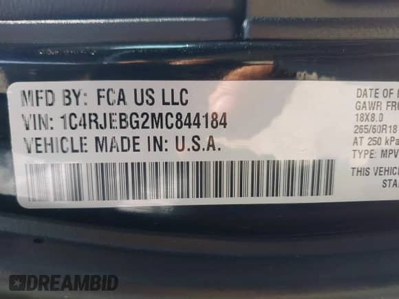 2021 Jeep Grand Cherokee Limited with VIN 1C4RJEBG2MC844184, listed as a IAAI auction lot 41992487 with 29,532 mi miles and . Bid and sale history available at DreamBid. Image 9.