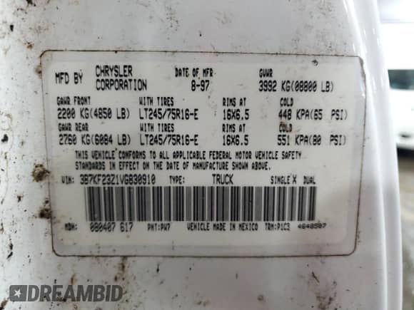 1997 Dodge 2500 with VIN 3B7KF23Z1VG830910, listed as a Copart auction lot 54203445 with 189,433 mi miles and Salvage title. Bid and sale history available at DreamBid. Image 12.