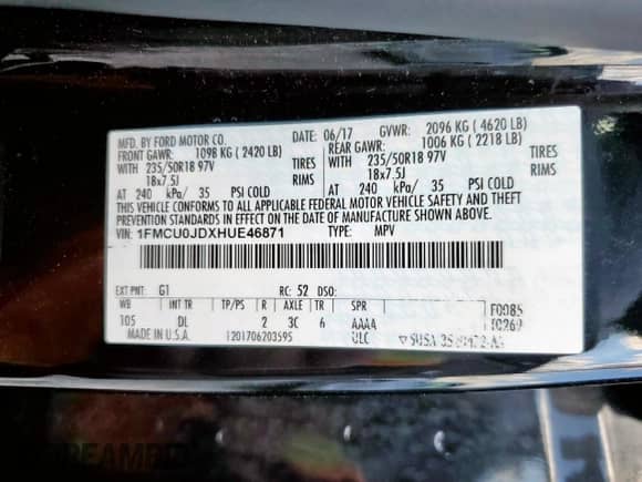 2017 Ford Escape Titanium with VIN 1FMCU0JDXHUE46871, listed as a Copart auction lot 84042315 with 89,103 mi miles and Salvage title. Bid and sale history available at DreamBid. Image 13.