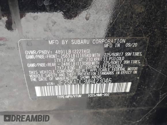 2021 Subaru Forester with VIN JF2SKADC3MH423046, listed as a IAAI auction lot 42423416 with 67,602 mi miles and . Bid and sale history available at DreamBid. Image 9.