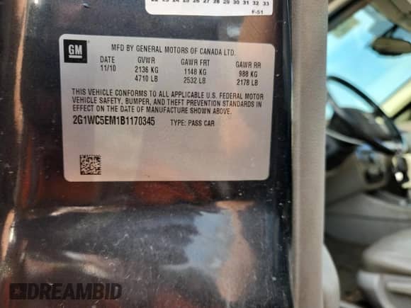 2011 Chevrolet Impala LTZ with VIN 2G1WC5EM1B1170345, listed as a Copart auction lot 84919955 with 154,877 mi miles and Salvage title. Bid and sale history available at DreamBid. Image 12.