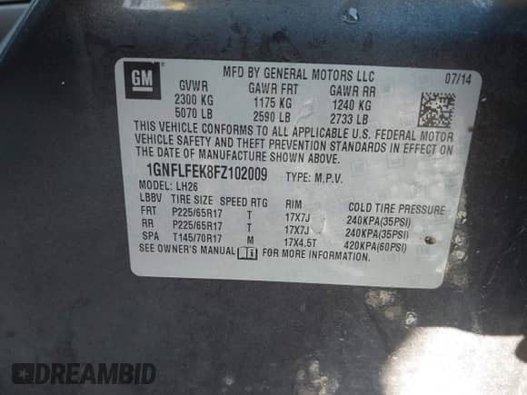 2015 Chevrolet Equinox LT с VIN 1GNFLFEK8FZ102009, выставлен на аукционе IAAI как лот 43437570 с пробегом 170 205 миль миль и . История ставок и продаж доступна на DreamBid. Изображение 9.