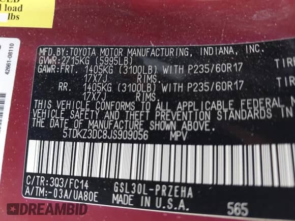 2018 Toyota Sienna LE Auto Access Seat with VIN 5TDKZ3DC8JS909056, listed as a IAAI auction lot 42362934 with 157,230 mi miles and . Bid and sale history available at DreamBid. Image 9.