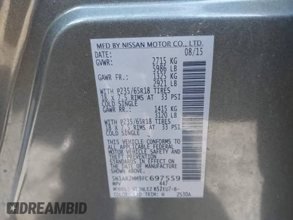 2015 Nissan Pathfinder Platinum with VIN 5N1AR2MM9FC697559, listed as a IAAI auction lot 41276459 with 119,153 mi miles and . Bid and sale history available at DreamBid. Image 9.