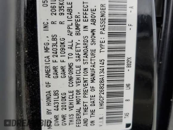 2008 Honda Accord EX-L z VIN 1HGCP26828A134145, wystawiony jako Copart lot #69133055 z przebiegiem 265 407 mil mil oraz Szkoda całkowita • Salvage title. Historia ofert i sprzedaży dostępna na DreamBid. Obrazek 13.