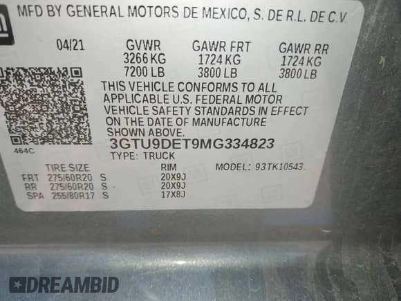 2021 GMC Sierra 1500 SLT with VIN 3GTU9DET9MG334823, listed as a IAAI auction lot 43098321 with 88,435 mi miles and . Bid and sale history available at DreamBid. Image 9.