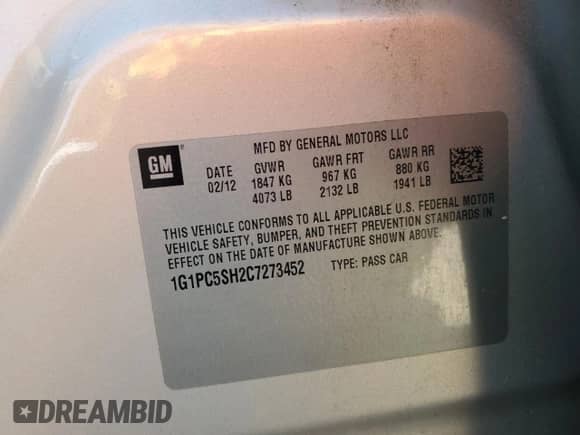 2012 Chevrolet Cruze LS z VIN 1G1PC5SH2C7273452, wystawiony jako Copart lot #82410655 z przebiegiem 156 848 mil mil oraz Szkoda całkowita • Salvage title. Historia ofert i sprzedaży dostępna na DreamBid. Obrazek 12.