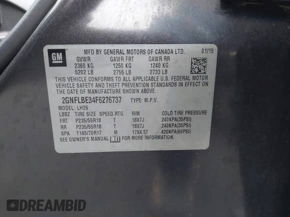 2015 Chevrolet Equinox LT с VIN 2GNFLBE34F6276737, выставлен на аукционе IAAI как лот 42479017 с пробегом 105 518 миль миль и . История ставок и продаж доступна на DreamBid. Изображение 9.