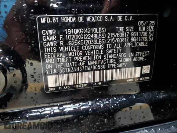 2026 Honda HR-V LX with VIN 3CZRZ1H37TM700580, listed as a Copart auction lot 67726735 with 6,173 mi miles and Salvage title. Bid and sale history available at DreamBid. Image 13.